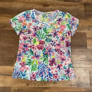 Casey Key Floral Semi-Sheer T Shirt Tropical Beach Vacation Cruise Resort EUC